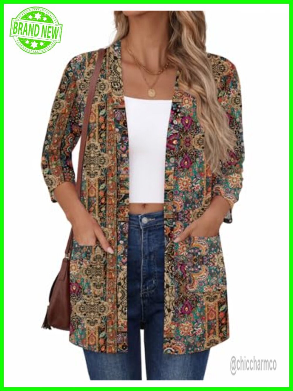 Women's 3/4 Sleeve Open Front Lightweight Cardigan with Pockets
